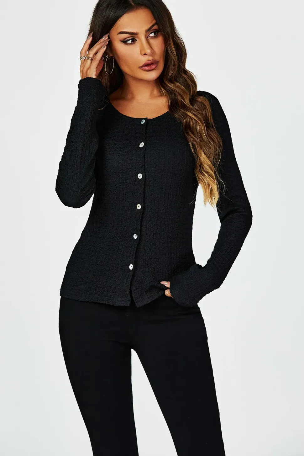 Button Down Ruched Stretch Long Sleeves Top In Black