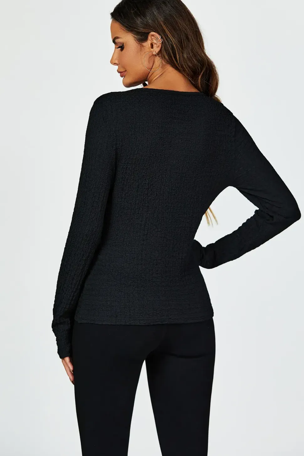 Button Down Ruched Stretch Long Sleeves Top In Black