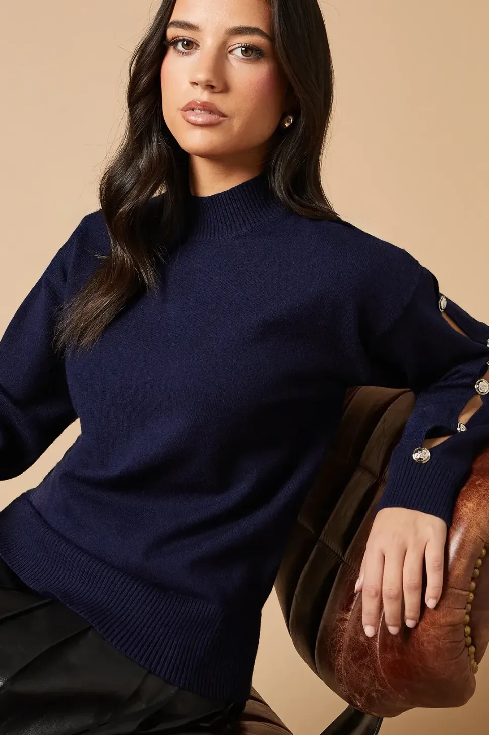 Button Down Sleeve High Neck Jumper