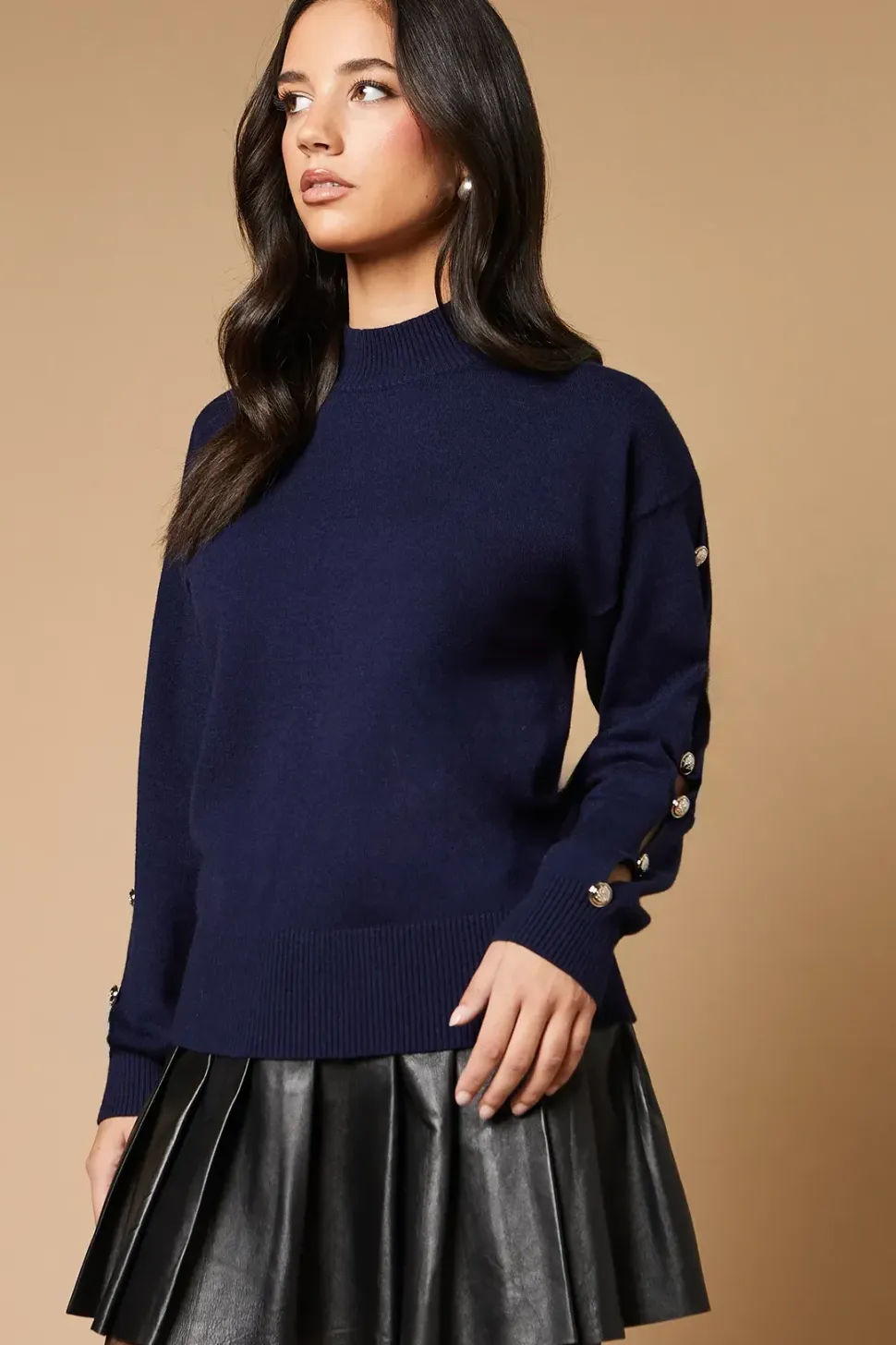 Button Down Sleeve High Neck Jumper