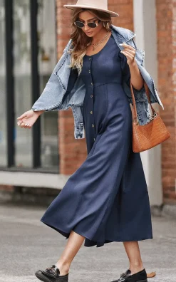 Button Down Sleeve Tie Detail Midi Dress In Navy