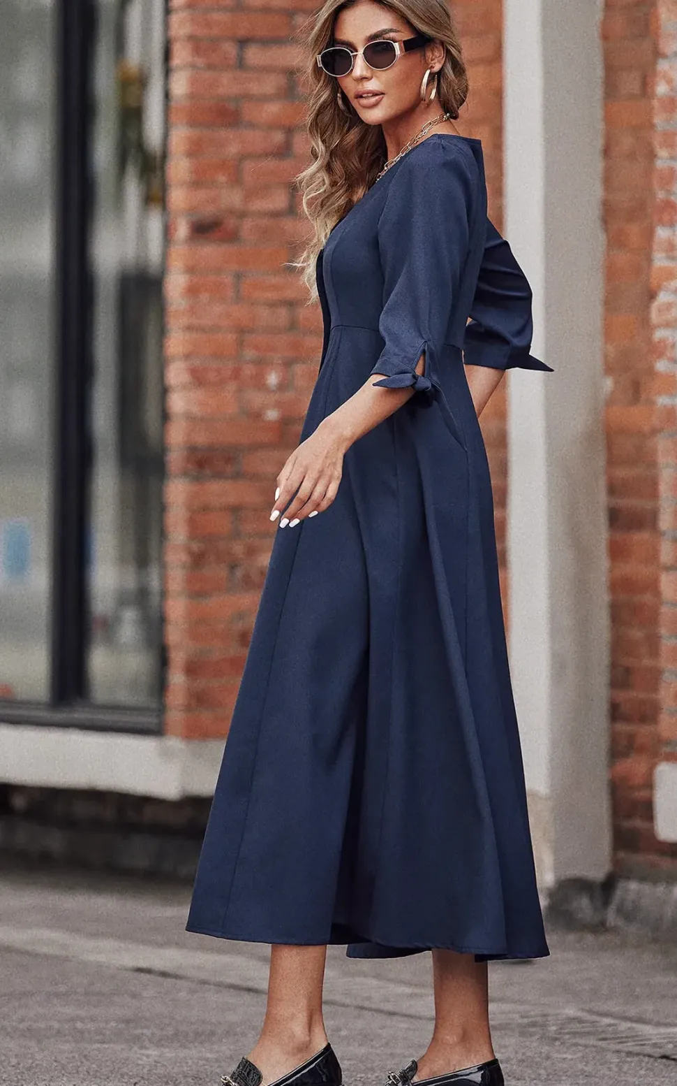 Button Down Sleeve Tie Detail Midi Dress In Navy