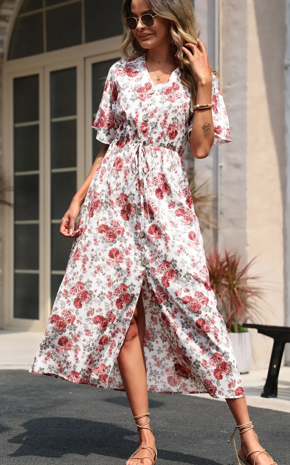 Button Down V Neck Maxi Dress In White Floral Print