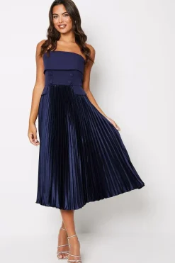Button Front Bandeau Pleat Skirt Midi Dress
