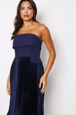 Button Front Bandeau Pleat Skirt Midi Dress