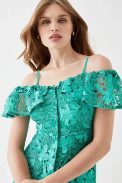 Button Front Bardot Lace Pencil Dress