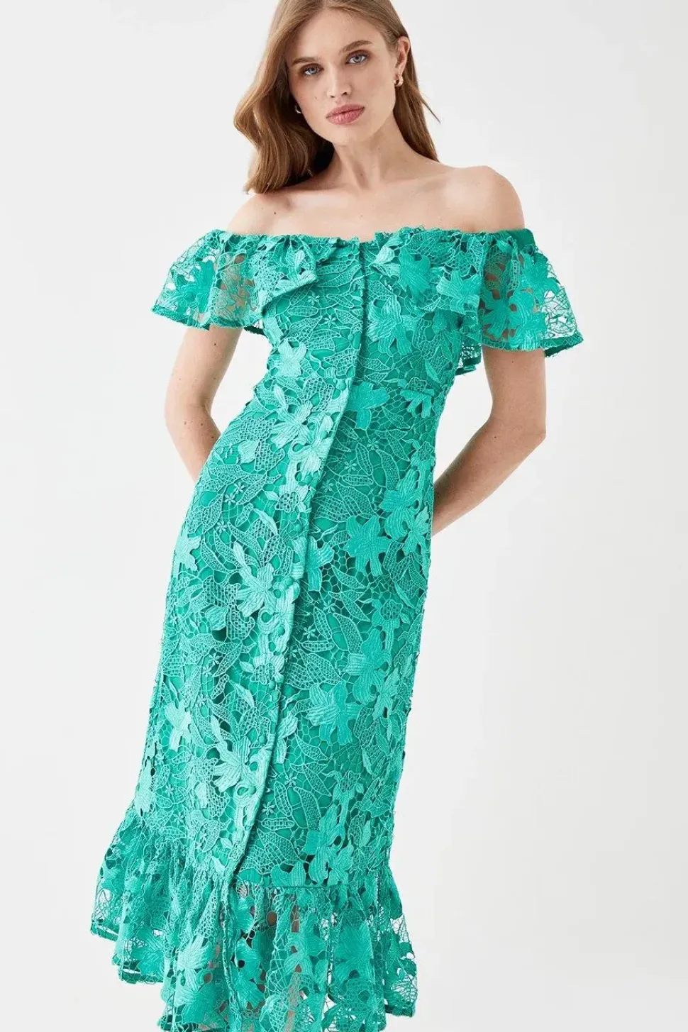 Button Front Bardot Lace Pencil Dress