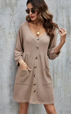 Button Front Mini Dress In Beige