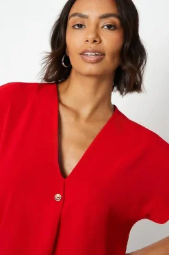 Button Front Roll Sleeve Blouse