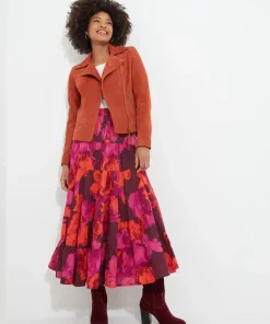Button-Front Tiered Floral Maxi Skirt
