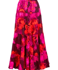 Button-Front Tiered Floral Maxi Skirt