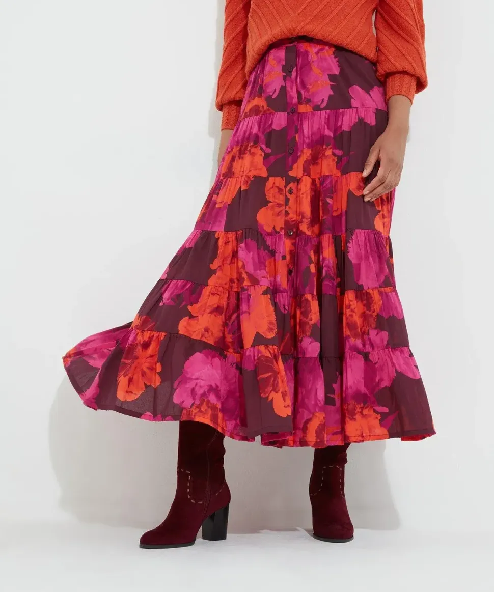 Button-Front Tiered Floral Maxi Skirt