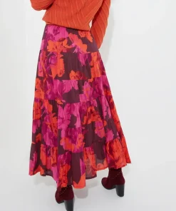 Button-Front Tiered Floral Maxi Skirt