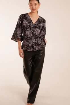 Button Front V Neck Flounce Blouse