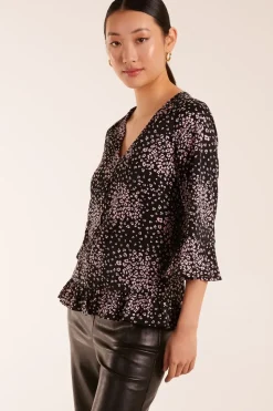 Button Front V Neck Flounce Blouse