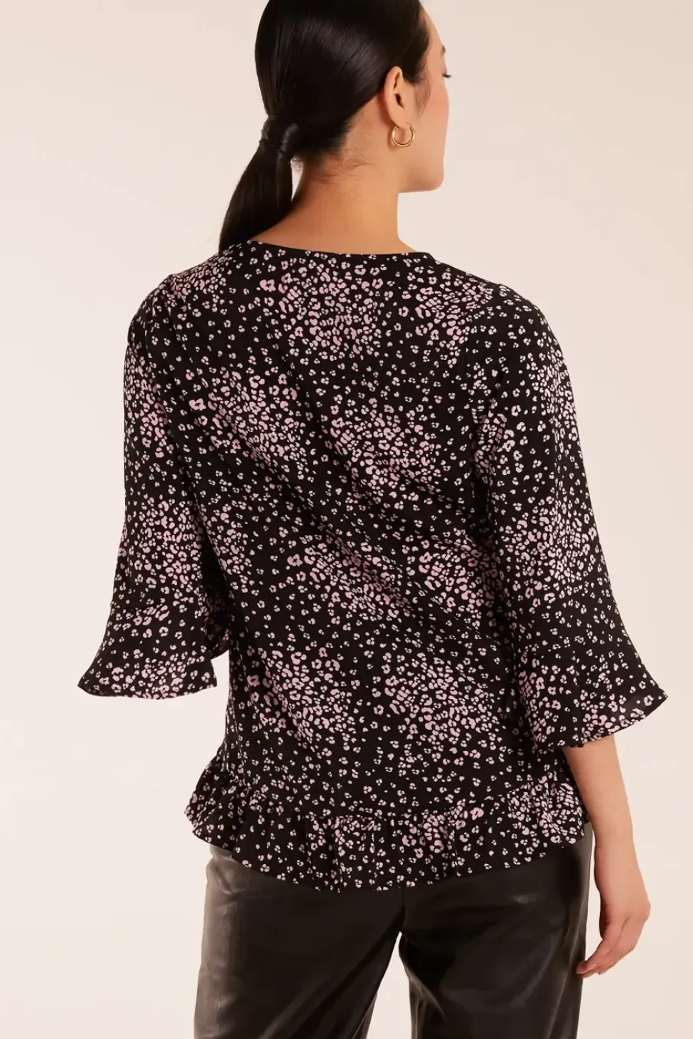 Button Front V Neck Flounce Blouse