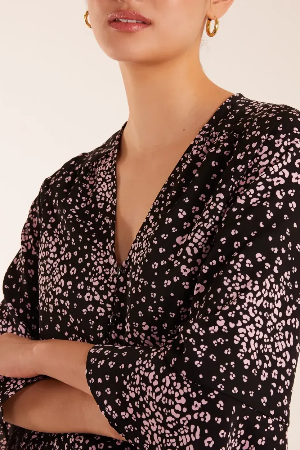 Button Front V Neck Flounce Blouse