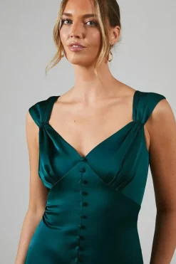 Button Front V Neck Satin Bridesmaid Dress