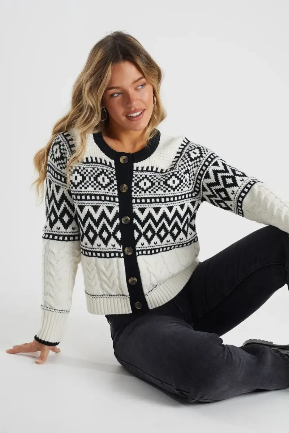 Button Through Fairisle Cable Knit Cardigan
