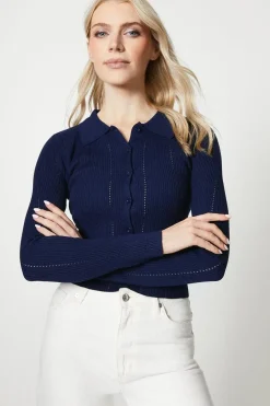 Button Through Knitted Polo Top