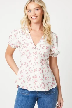 Button Through Short Sleeve Tea Blouse