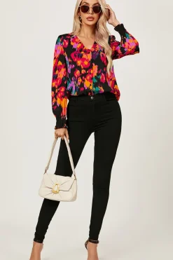 Button Through V Neck Long Sleeve Blouse Top