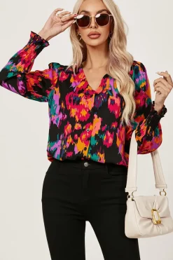 Button Through V Neck Long Sleeve Blouse Top