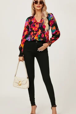 Button Through V Neck Long Sleeve Blouse Top