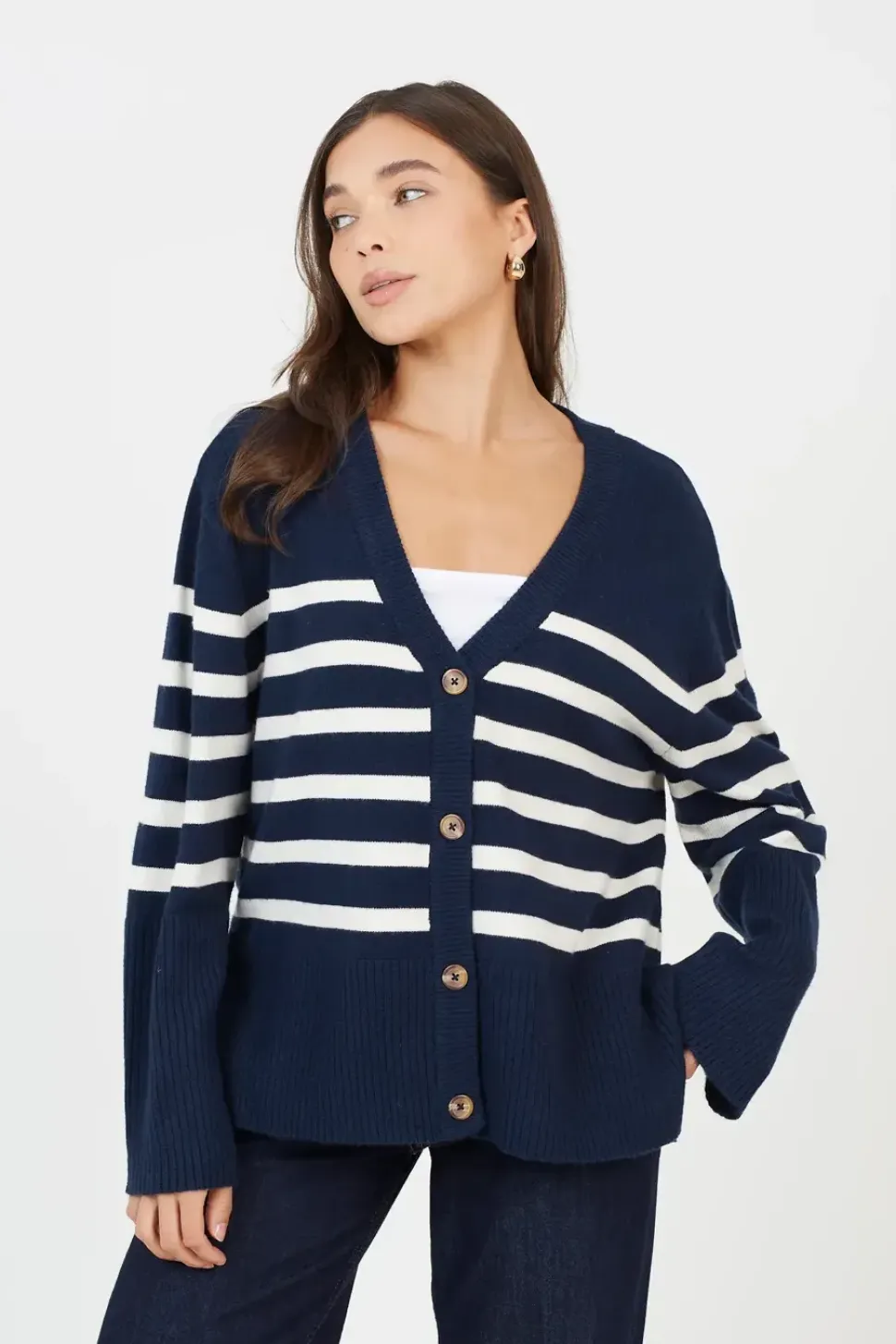 Button Through V-neck Stripe Cardigan