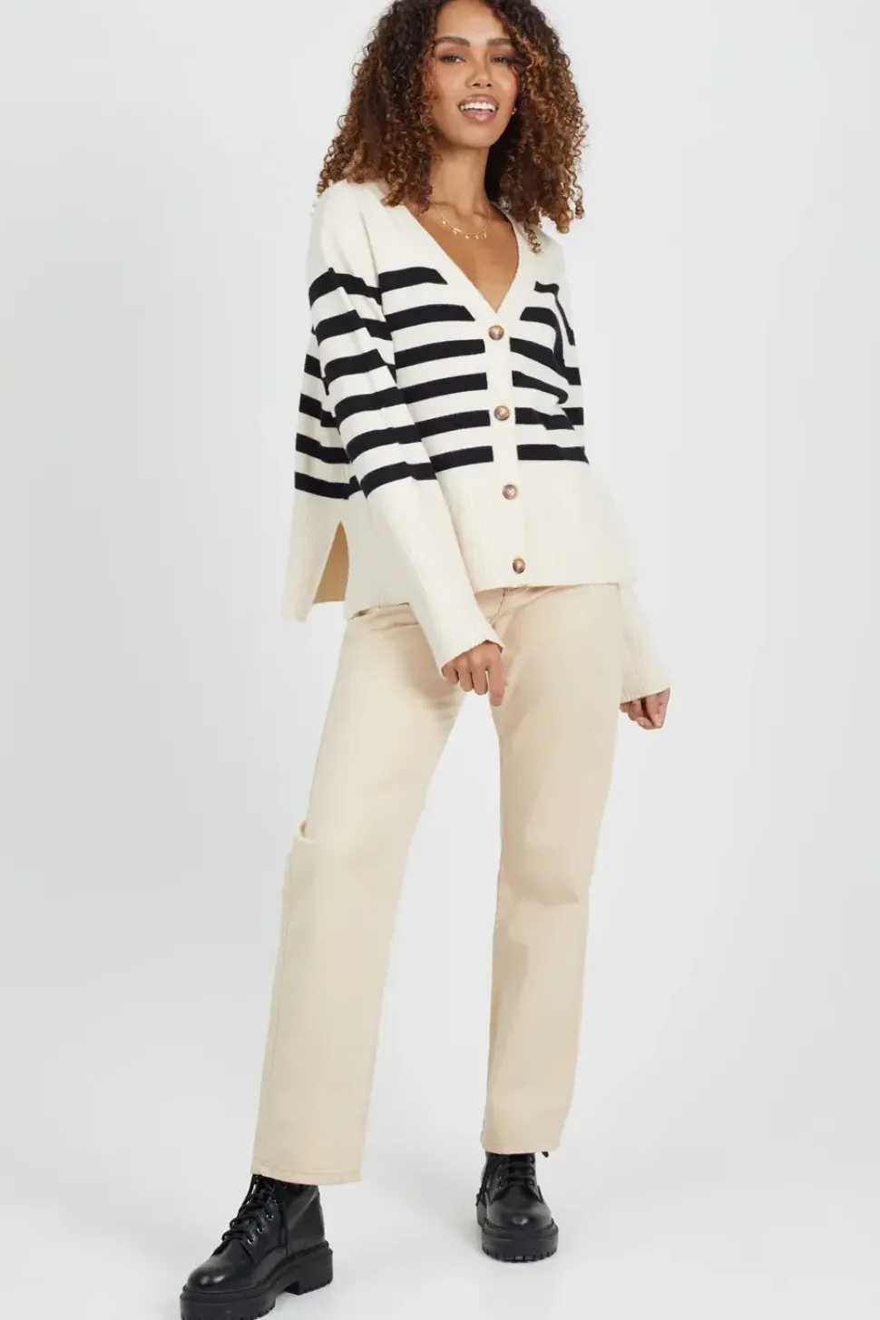 Button Through V-neck Stripe Cardigan