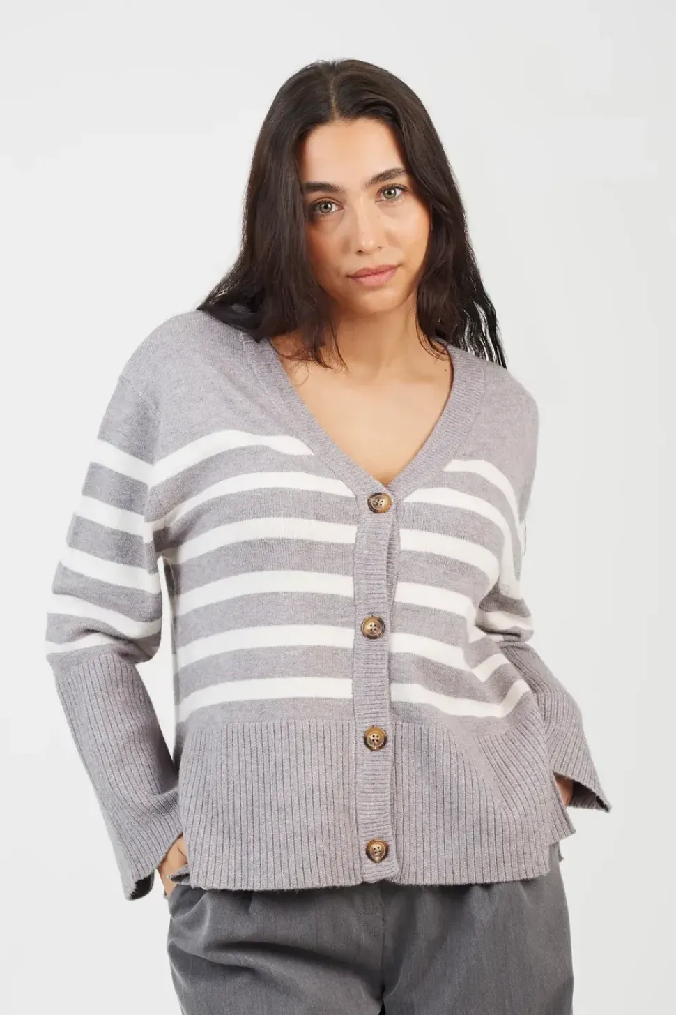 Button Through V-neck Stripe Cardigan