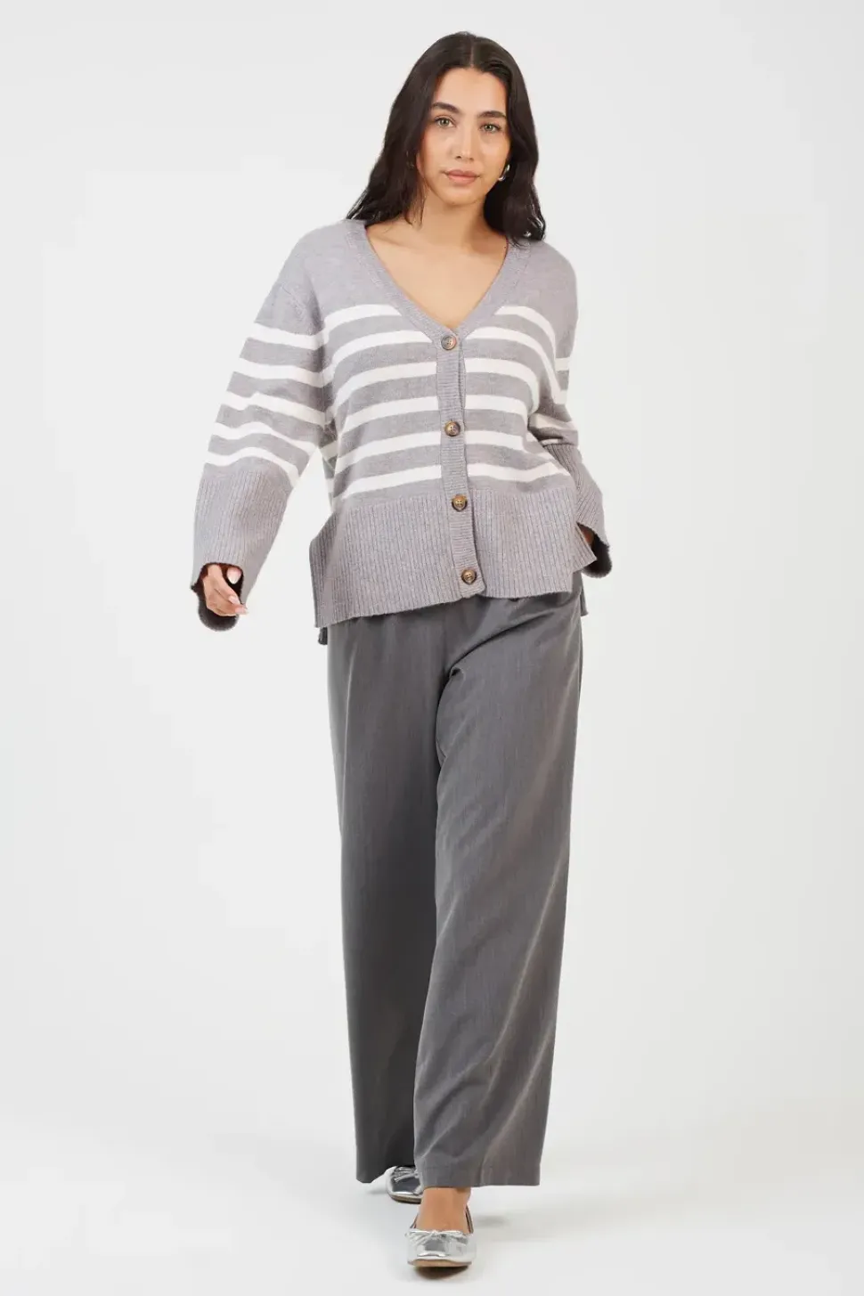 Button Through V-neck Stripe Cardigan