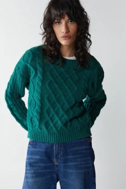 Cable Button Shoulder Crew Neck Jumper