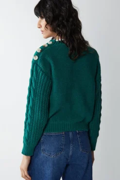 Cable Button Shoulder Crew Neck Jumper