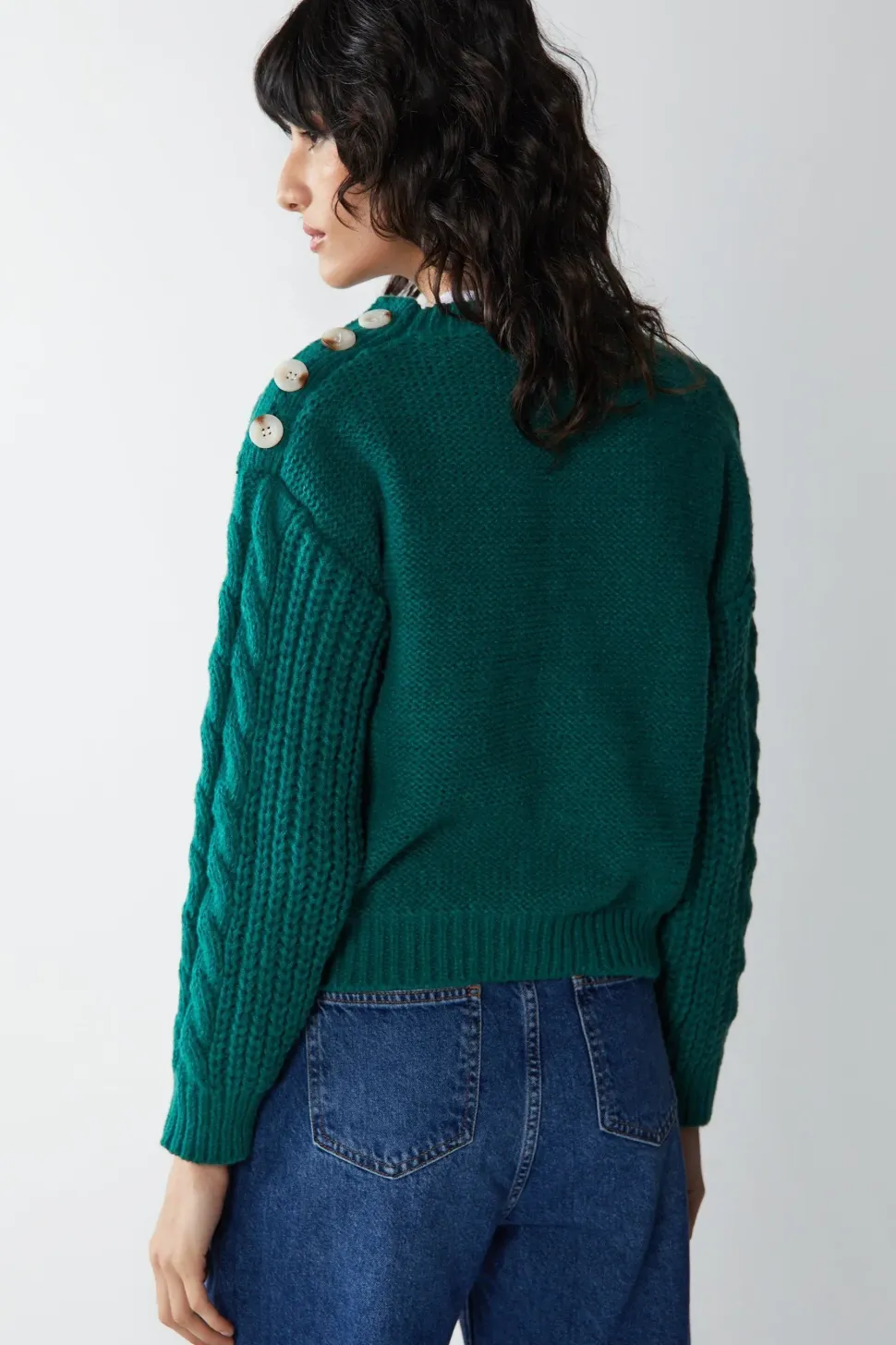 Cable Button Shoulder Crew Neck Jumper