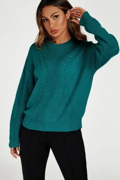 Cable Knit Crew Neck Jumper In Dark Green