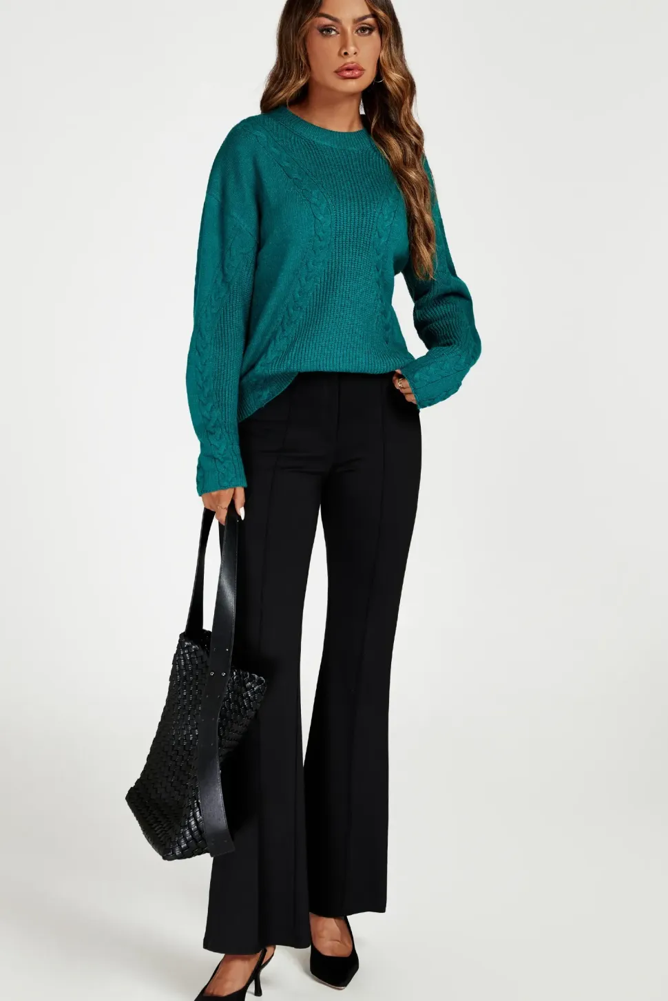 Cable Knit Crew Neck Jumper In Dark Green