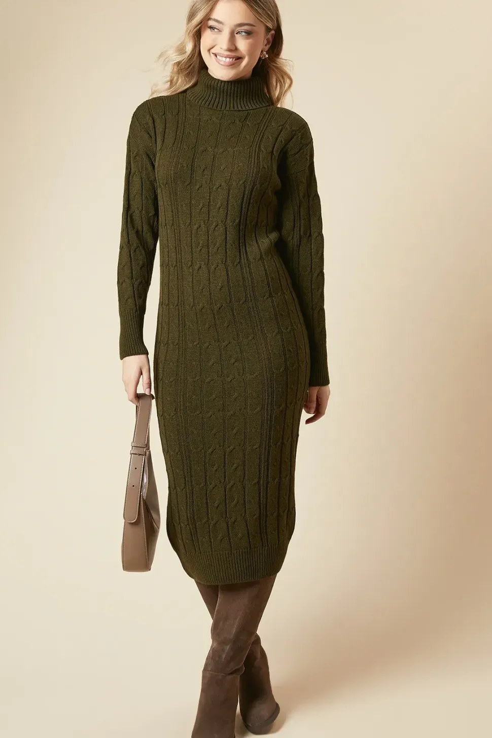 Cable Knit Roll Neck Jumper Midi Dress