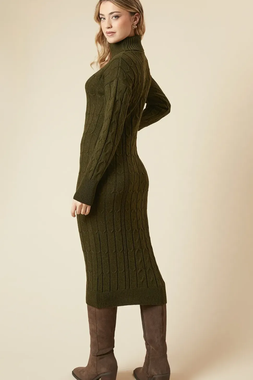 Cable Knit Roll Neck Jumper Midi Dress