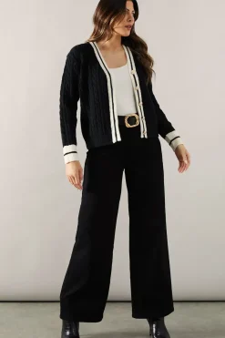 Cable Knit Tipped Button Down Cardigan