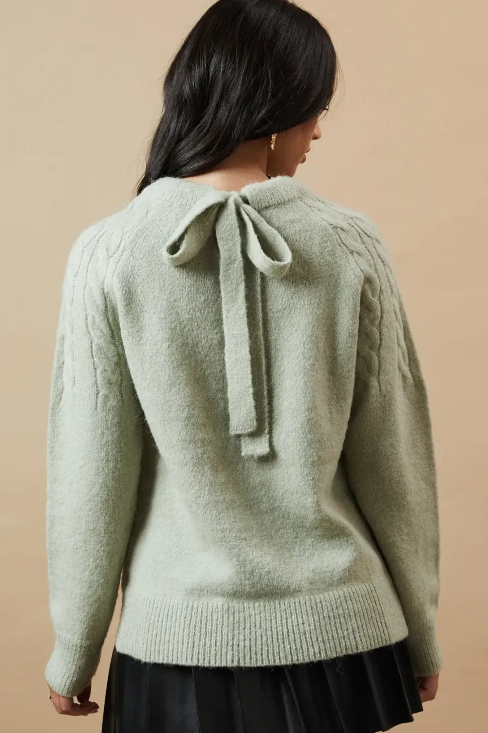 Cable Yolk Raglan Jumper With Satin Tie Back Bow