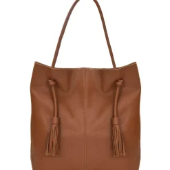 Camel Drawcord Leather Hobo Shoulder Bag