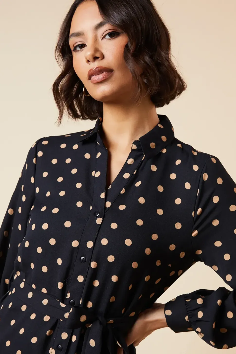 Camel Spot Button Through Midi Shirt Dress