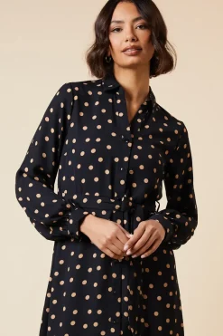 Camel Spot Button Through Midi Shirt Dress