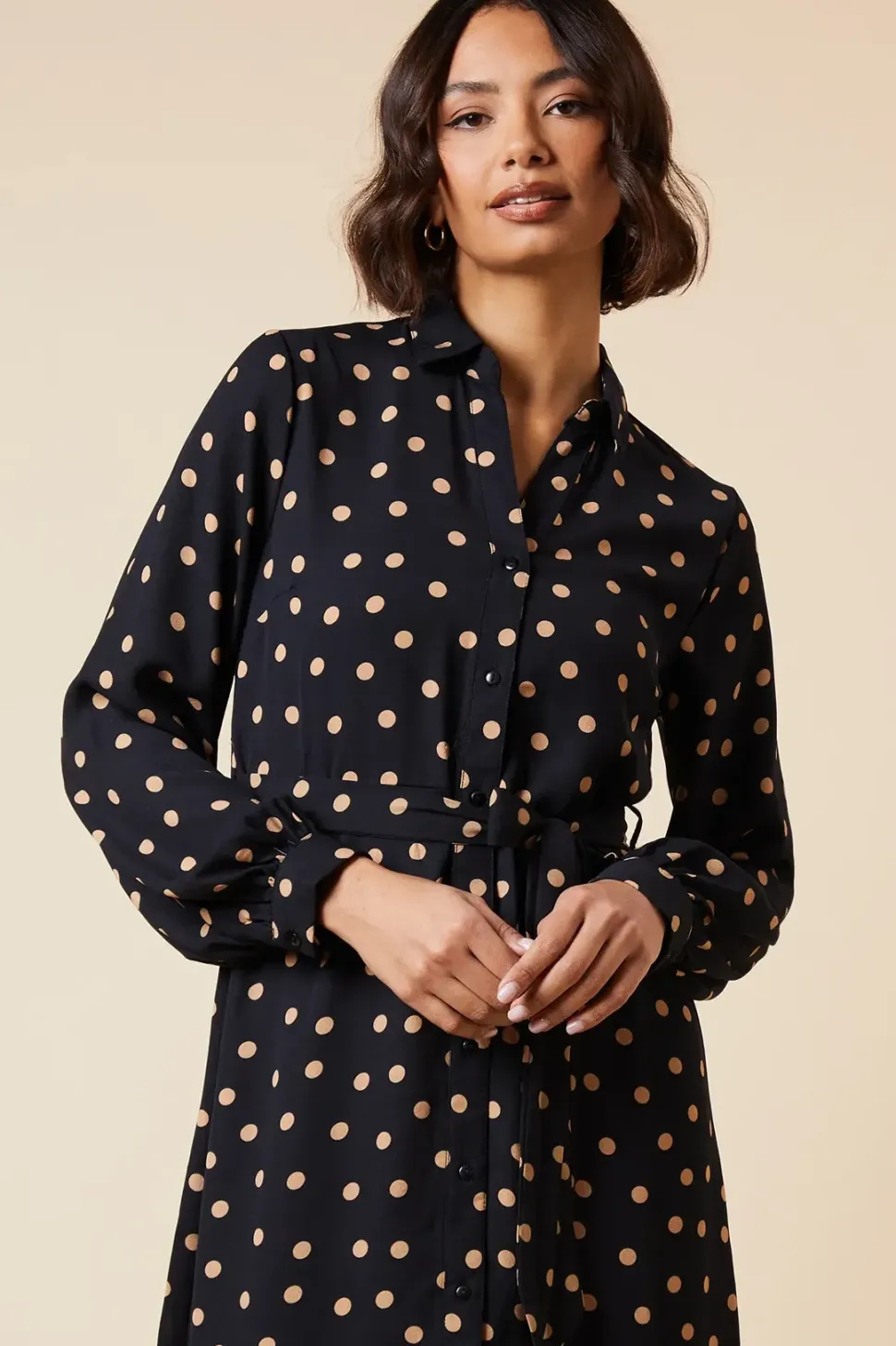 Camel Spot Button Through Midi Shirt Dress