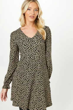 Camel Spot V Neck Mini Dress