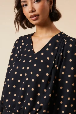 Camel Spot V Neck Shirred Hem Blouse