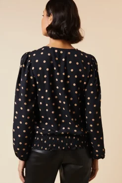 Camel Spot V Neck Shirred Hem Blouse
