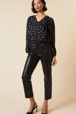 Camel Spot V Neck Shirred Hem Blouse