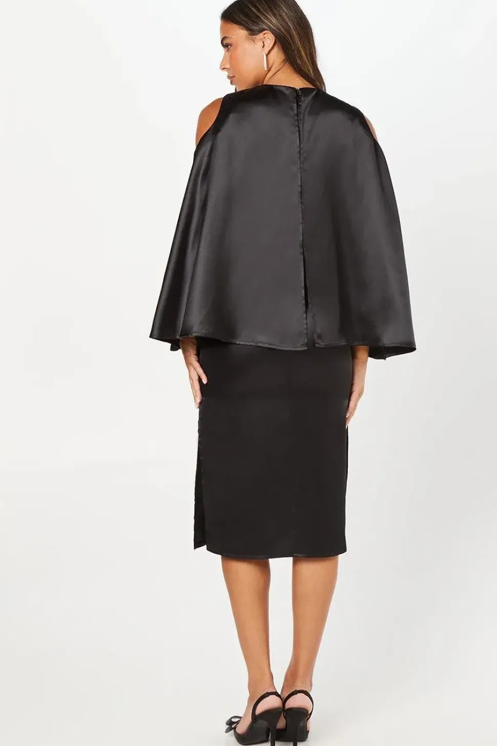 Cape Back Satin Midi Wedding Guest Dress